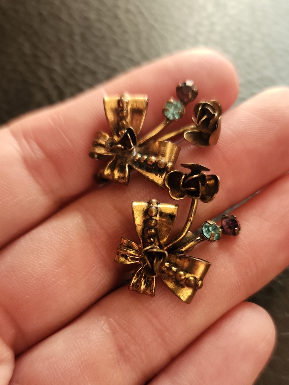 Vintage Brass Bow Floral Screw-Back Earrings with Colored Crystals